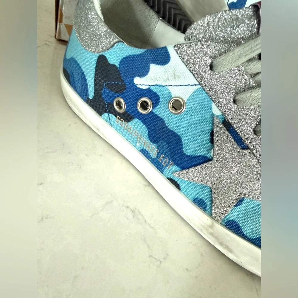 Golden Goose Blue Camo and Silver Sparkle Shoes Size 8 EUC - Picture 8 of 10